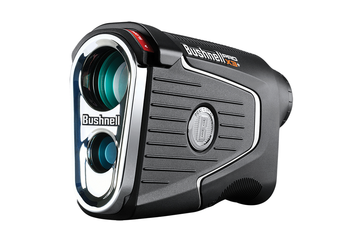 Bushnell Pro X3+ Plus Golf Laser Rangefinder, featuring a black body with a silver accent and a green lens.